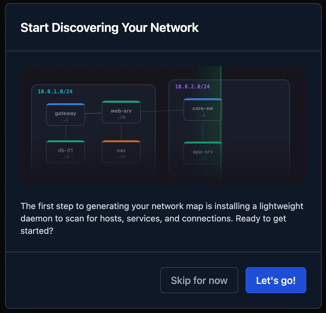 Animated mini topology network preview with interactive node cards and sweep effect